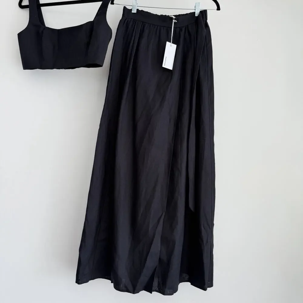 Reformation Linen Palm Set 4 Black Two Piece Set Crop Top Skirt Vacation Resort